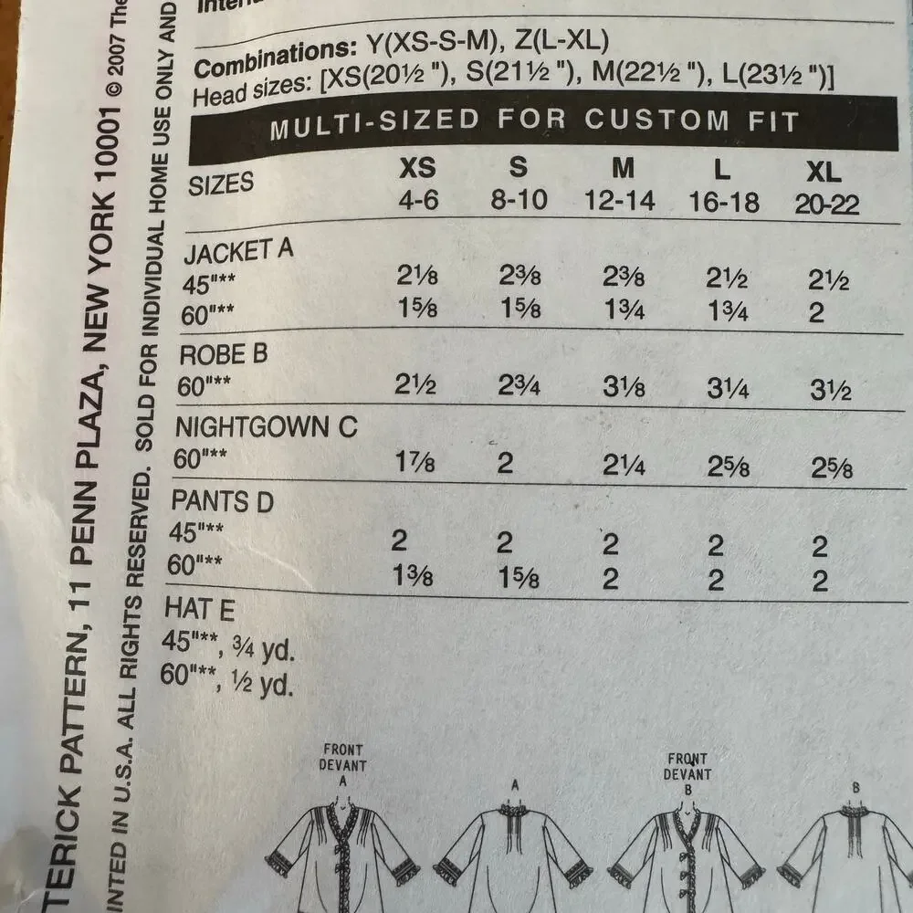 Butterick Historical Sewing Pattern B5061 Robe Nightgown Pants Hat Size L XL